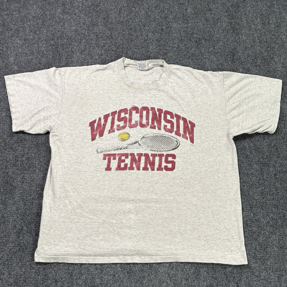 Vintage 90s Wisconsin Tennis T-Shirt Men's 2XL Gray Distressed Faded College Tee